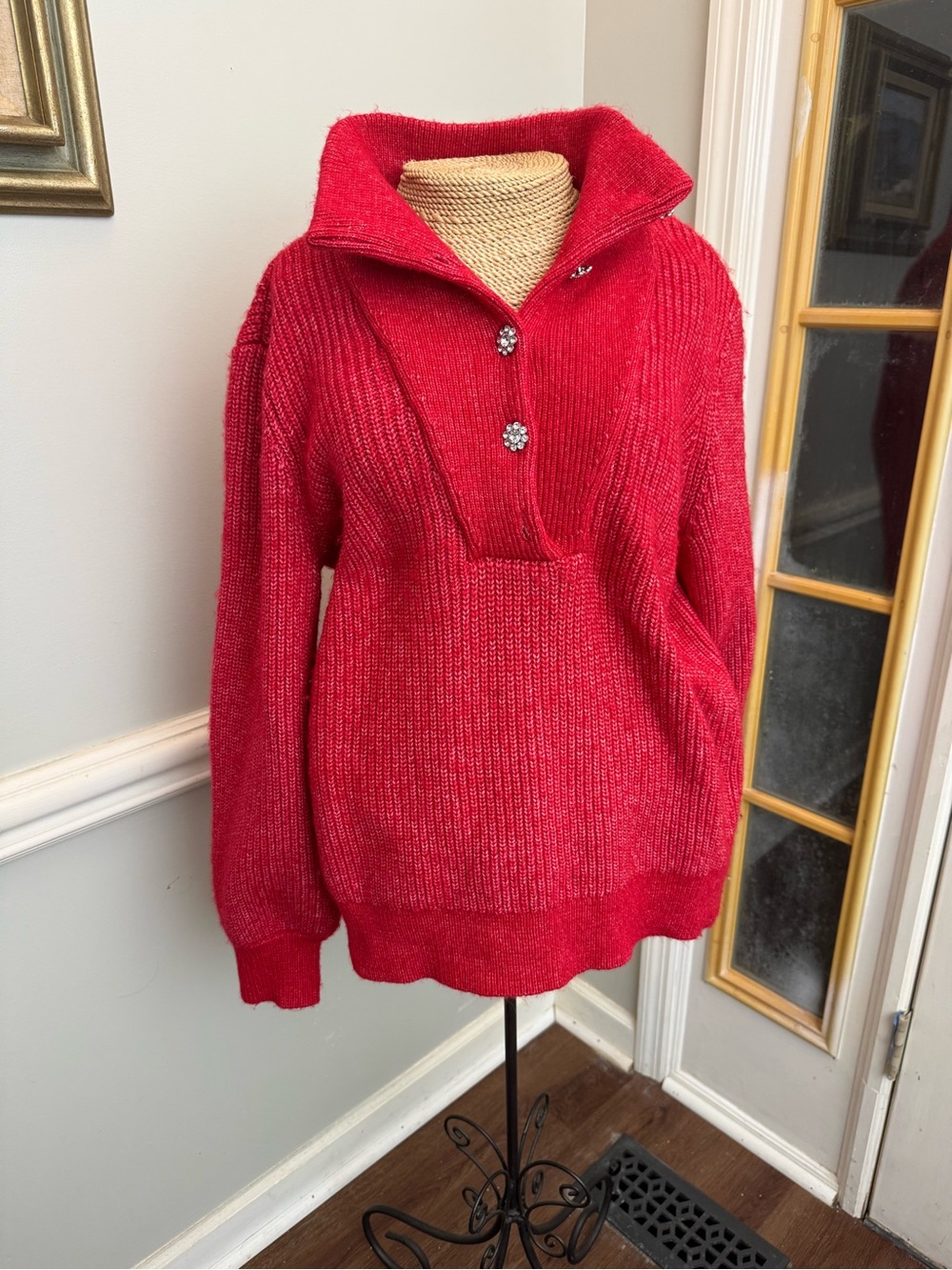 crown & ivy Red Cowl Pullover Sweater with Decorative Buttons